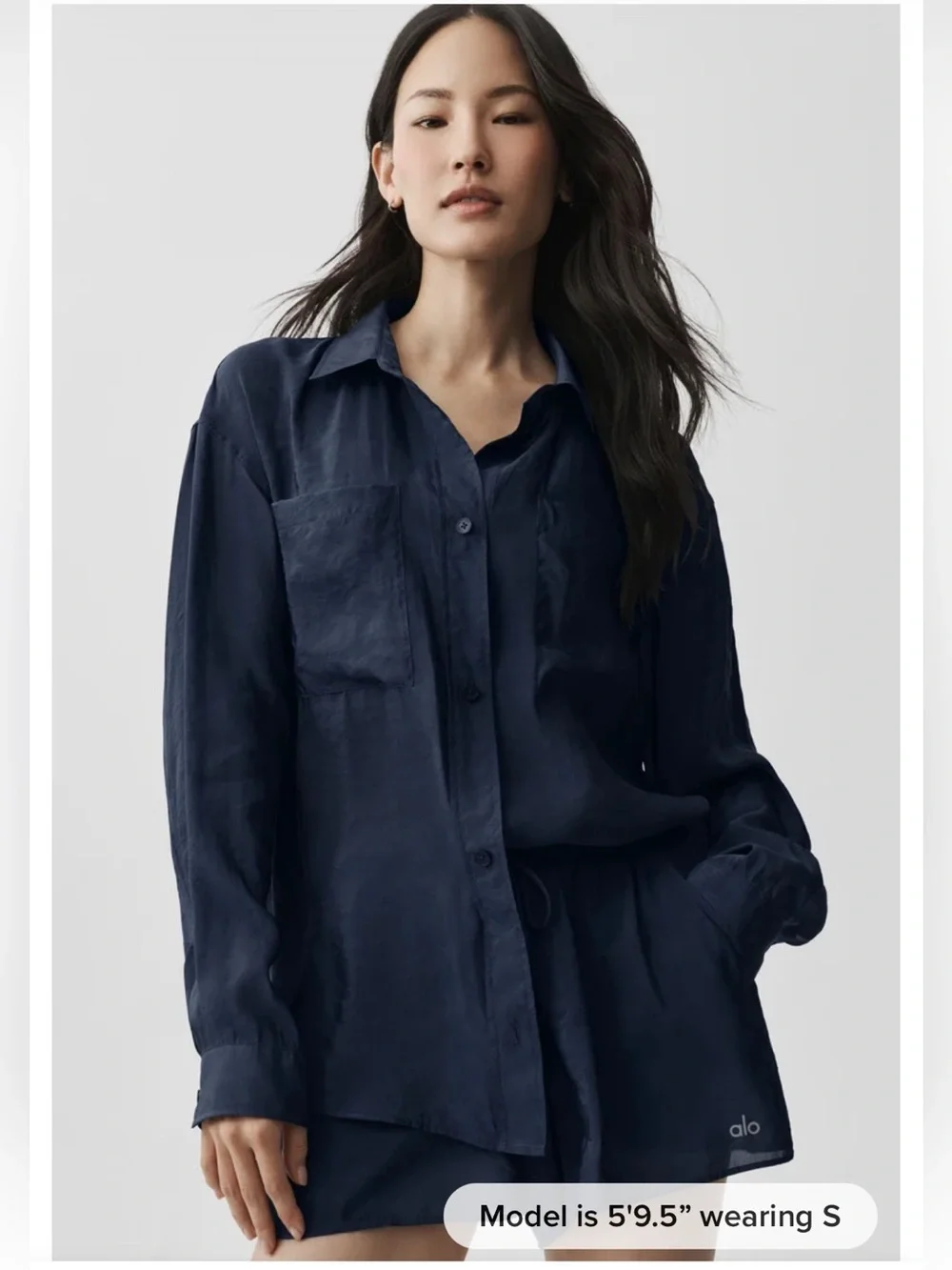 ALO Yoga Semi-Sheer Golden Hour Button Down Long Sleeve Small Navy NWT Top Shirt